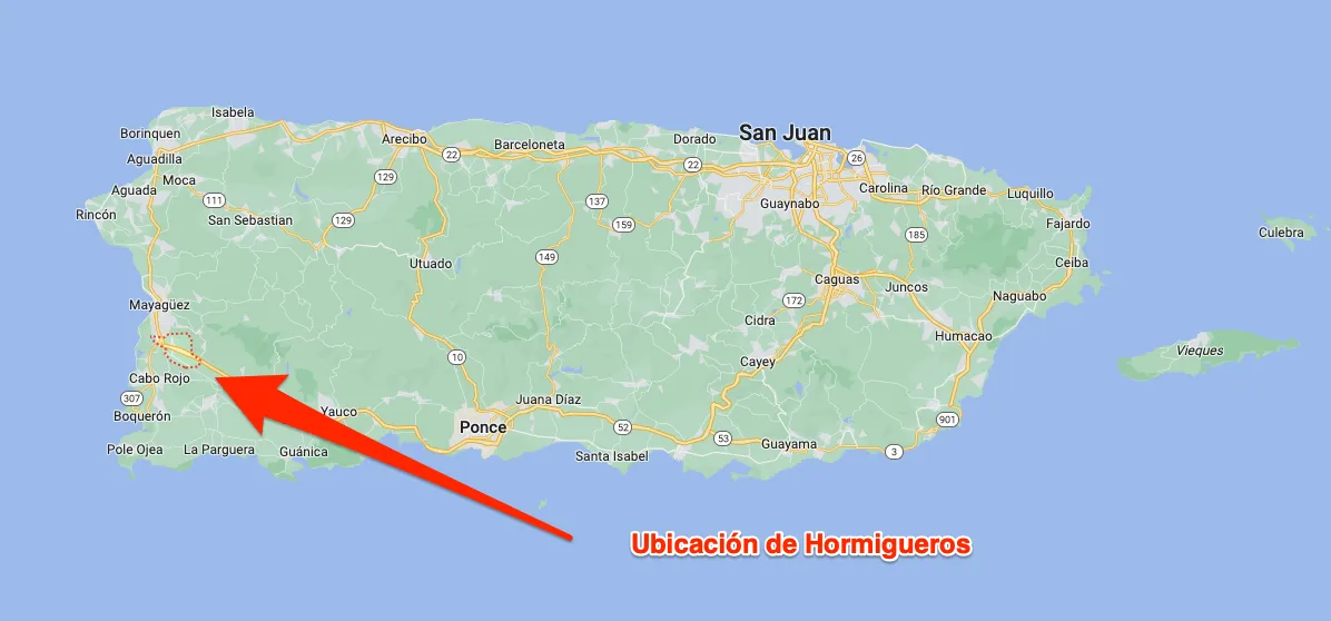 Mapa de Puerto Rico con la ubicación de Hormigueros